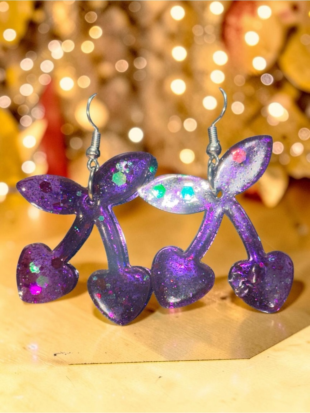 Handmade Purple Glitter Cherry Resin Dangle Earrings - Picture 5 of 6
